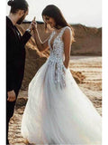 Sexy See Through Beach Wedding Dresses V Neck Bridal Dress with Slit AWD1326-SheerGirl