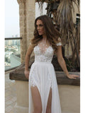 Sexy See Through Beach Wedding Dresses with Slit Ivory Lace Summer Wedding Dresses AWD1118-SheerGirl