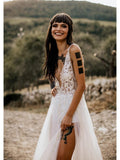 Sexy See Through Thigh Split Beach Wedding Dresses Beaded Vintage Bridal Dress AWD1304-SheerGirl