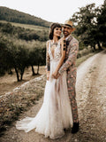 Sexy See Through Thigh Split Beach Wedding Dresses Beaded Vintage Bridal Dress AWD1304-SheerGirl