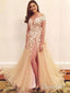 Sexy Side Slit Champagne Prom Dresses See Through Neck Lace Prom Dress SWD0039