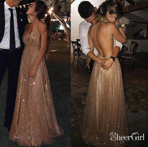 Sexy Sparkly Sheer Lace Prom Dresses Spaghetti Strap V Neck Formal Dress ARD1872-SheerGirl