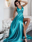 Sexy Split Long Prom Dresses Turquoise V-Neck Formal Evening Dress with Slit APD3392