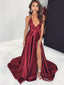 Sexy Thigh Split Formal Dresses Maroon Backless Halter Prom Dresses APD3469