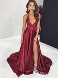Sexy Thigh Split Formal Dresses Maroon Backless Halter Prom Dresses APD3469-SheerGirl