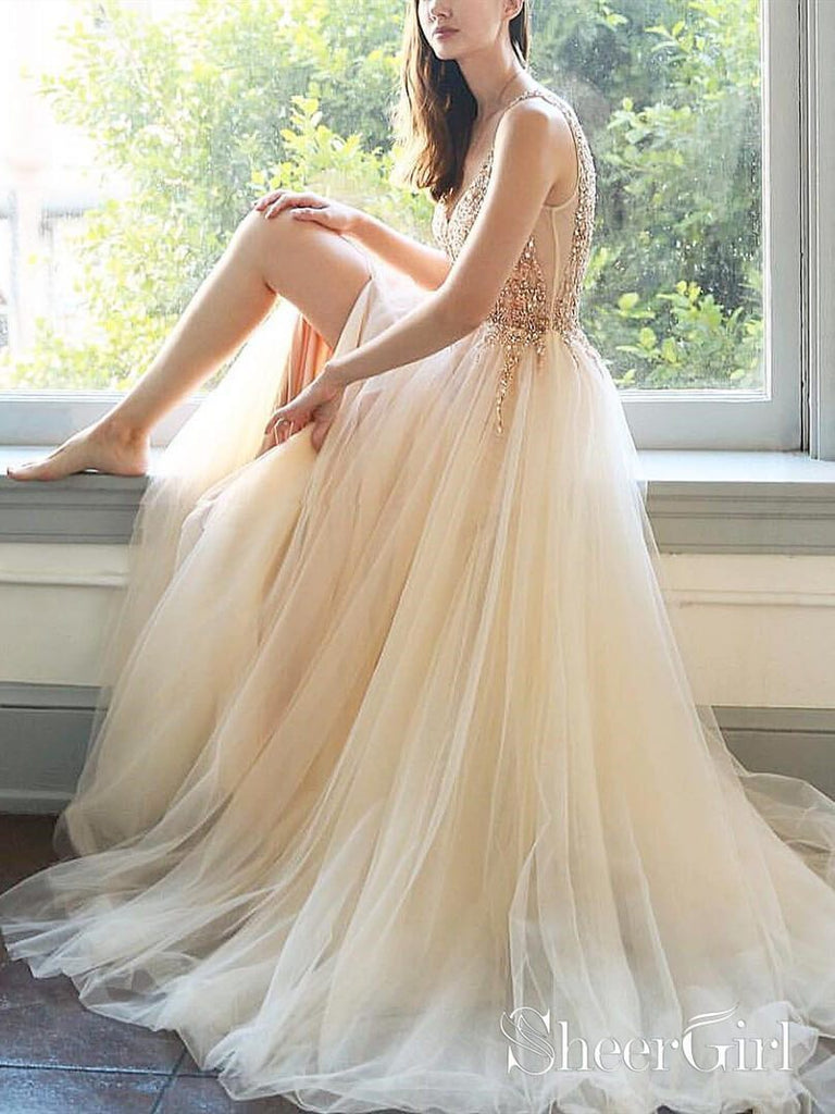 Sexy V Neck Beaded Champagne Tulle Prom Dresses with Side Slit ARD1988 Sexy V Neck Beaded Champagne Tulle Prom Dresses with Side Slit ARD1988