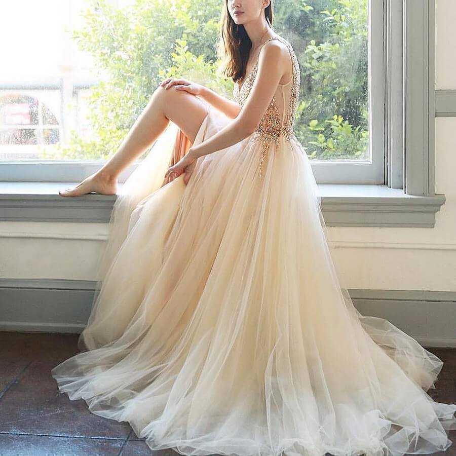 a-line v-neck champagne tulle prom dress with beading appliques A Line V Neck Long Sleeves Champagne Prom Dress With Appliques TP0940 US12 / Champagne