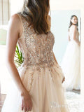 Sexy V Neck Beaded Champagne Tulle Prom Dresses with Side Slit ARD1988-SheerGirl