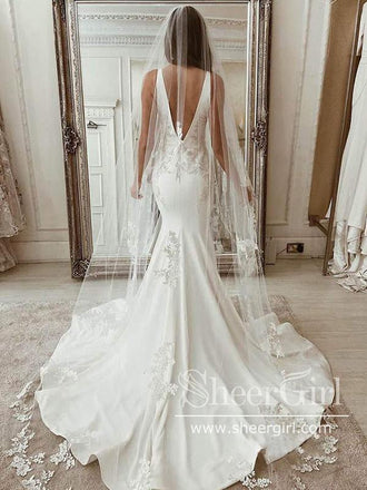 Sexy V Neck Crepe Mermaid Wedding Gown with Low V Back AWD1835-SheerGirl