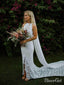 Sheath Boho Lace Bridal Gown with Slit Backless Mermaid Wedding Dresses AWD1357