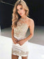 Sheath Halter Gold Lace Appliqued Mini Sexy Homecoming Dresses APD2772