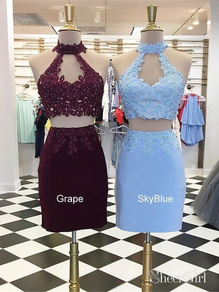Sheath Halter High Neck Jersey Two Piece Homecoming Dresses APD2717-SheerGirl