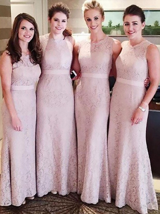 Sheath Pink Bridesmaid Dresses Cheap Lace Modest Long Bridesmaid Dresses ARD1167-SheerGirl