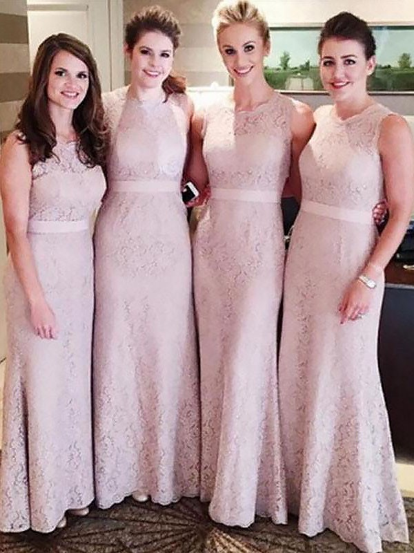 Sheath Pink Bridesmaid Dresses Cheap Lace Modest Long Bridesmaid Dresses ARD1167-SheerGirl