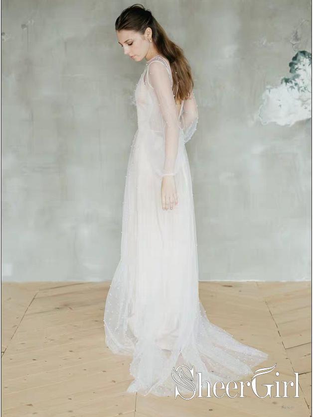 Sheer See Through Long Sleeve Wedding Dresses Pearl Tulle AWD1564-SheerGirl