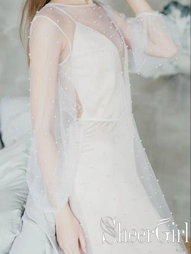 Sheer See Through Long Sleeve Wedding Dresses Pearl Tulle AWD1564
