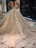 Shimmer Organza Ball Gown Floral Wedding Dress With V Neck and Sequins Decorated AWD1677-SheerGirl