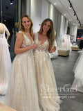Shimmering A Line V Neckline Wedding Dress with Appliques & Feather Straps AWD1753-SheerGirl