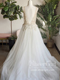 Shimmering Tulle A Line V Neck Bridal Gown with Re-emabroidery Unlined Bodice Wedding Dress AWD1718-SheerGirl