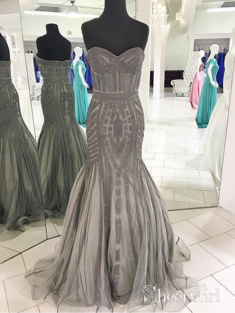 mermaid prom dress grey Mermaid Deep V-Neck Sweep Train Grey Tulle Prom Dress US6 / Custom Color