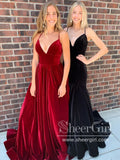 Shining Velvet Deep V Neck A Line Party Dress Spaghetti Straps Mermaid Long Prom Dress ARD2531-SheerGirl