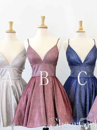 Shiny V-neck Homecoming Dresses Spaghetti Strap Short Prom Dress ARD2434-SheerGirl