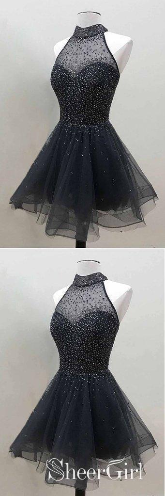 Short A Line Black Beaded Homecoming Dresses High Neck Organza Sweet 16 Party Dress ARD1018-SheerGirl