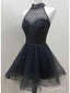 Short A Line Black Beaded Homecoming Dresses High Neck Organza Sweet 16 Party Dress ARD1018