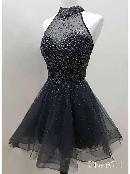 black sweet sixteen dresses Short A Line Black Beaded Homecoming Dresses High Neck Organza Sweet 16 Party Dress ARD1018