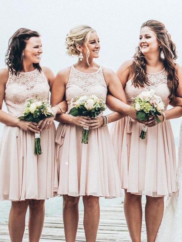 Short Bridesmaid Dresses with Sash Lace Top Cheap Knee Length Bridesmaid  Dress – SheerGirl