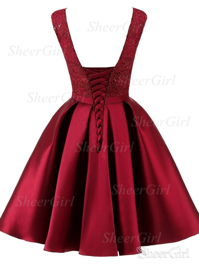 short maroon prom dresses Short Burgundy Prom Dresses Lace Top Mimi Homecoming Dresses APD2755