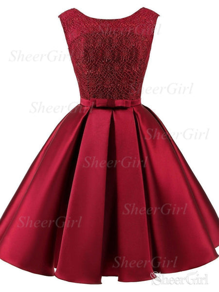 strapless open back dress Backless Beaded Burgundy Lace Short Prom Dresses, Burgundy Lace Homeco –  Eip Collection main image 0