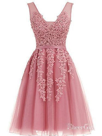 Short Dusty Rose Homecoming Dresses Lace Appliqued Princess Hoco Dress ARD1411-SheerGirl