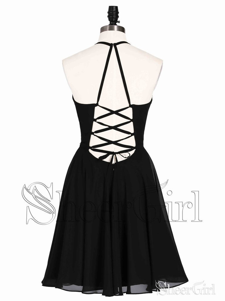 Short Embroidery Chiffon Homecoming Dresses Backless Halter Little Black Dress ARD1718 Short Embroidery Chiffon Homecoming Dresses Backless Halter Little Black Dress ARD1718
