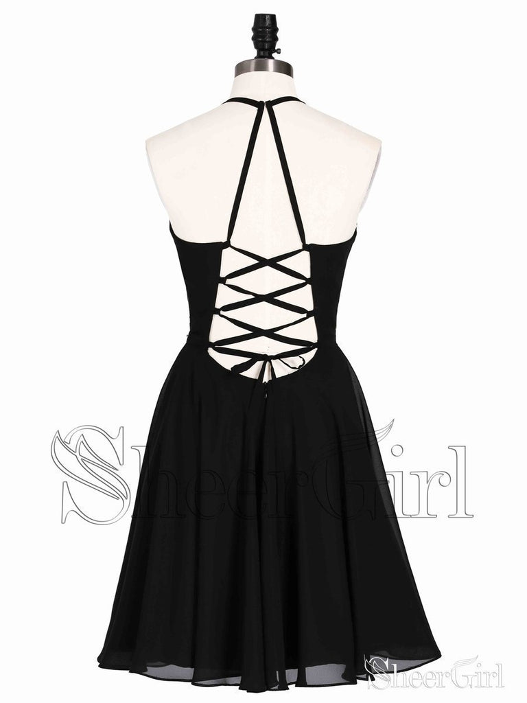 Short Embroidery Chiffon Homecoming Dresses Backless Halter Little Black Dress ARD1718-SheerGirl