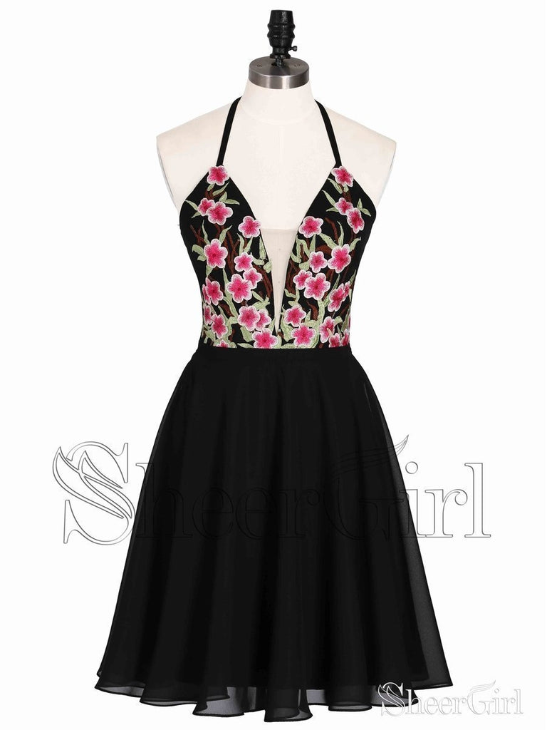 Short Embroidery Chiffon Homecoming Dresses Backless Halter Little Black Dress ARD1718-SheerGirl