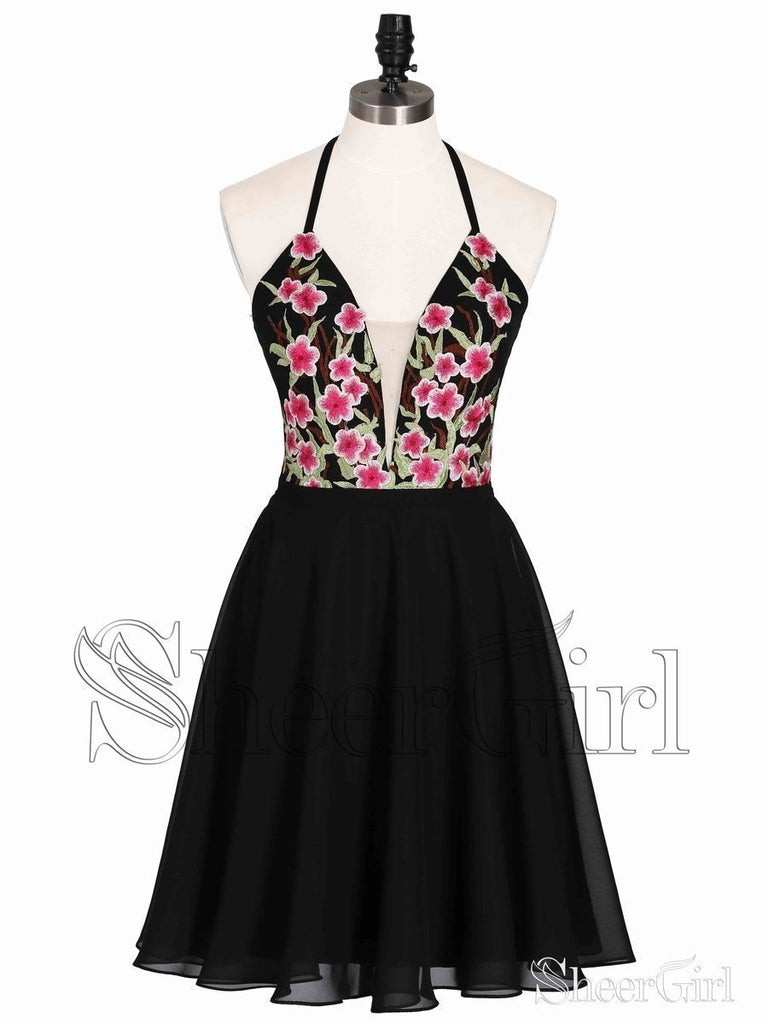 Short Embroidery Chiffon Homecoming Dresses Backless Halter Little Black Dress ARD1718 Short Embroidery Chiffon Homecoming Dresses Backless Halter Little Black Dress ARD1718