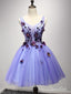 Krátké levandulové šaty pro návrat domů Květinová nášivka ke kolenům plesové šaty ARD1520 