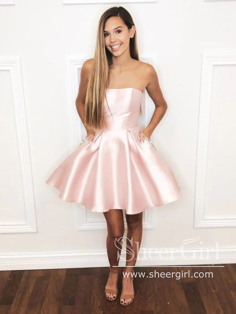 Short Prom Dress Sweetheart Neck Satin Homecoming Dress with Beaded Pockets ARD2752-SheerGirl