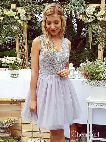 short gray lace dress Short Silver Homecoming Dresses Lace Applique V Neck Mini Hoco Dress ARD1671