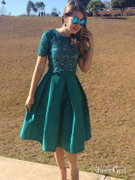 Short Sleeve Dark Green Homecoming Dresses Cheap Mid Length Prom Dress  ARD1549