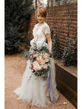 Short Sleeve Lace and Tulle Silver Country Wedding Dresses with Sash AWD1265-SheerGirl
