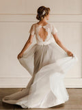 Short Sleeve Lace and Tulle Silver Country Wedding Dresses with Sash AWD1265-SheerGirl