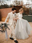 Krajkové a tylové stříbrné venkovské svatební šaty s krátkým rukávem s vlečkou AWD1265 