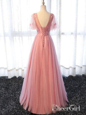 Short Sleeve Pink Flare Sleeve Prom Dresses Applique Backless Evening Ball Gowns ARD1048-SheerGirl