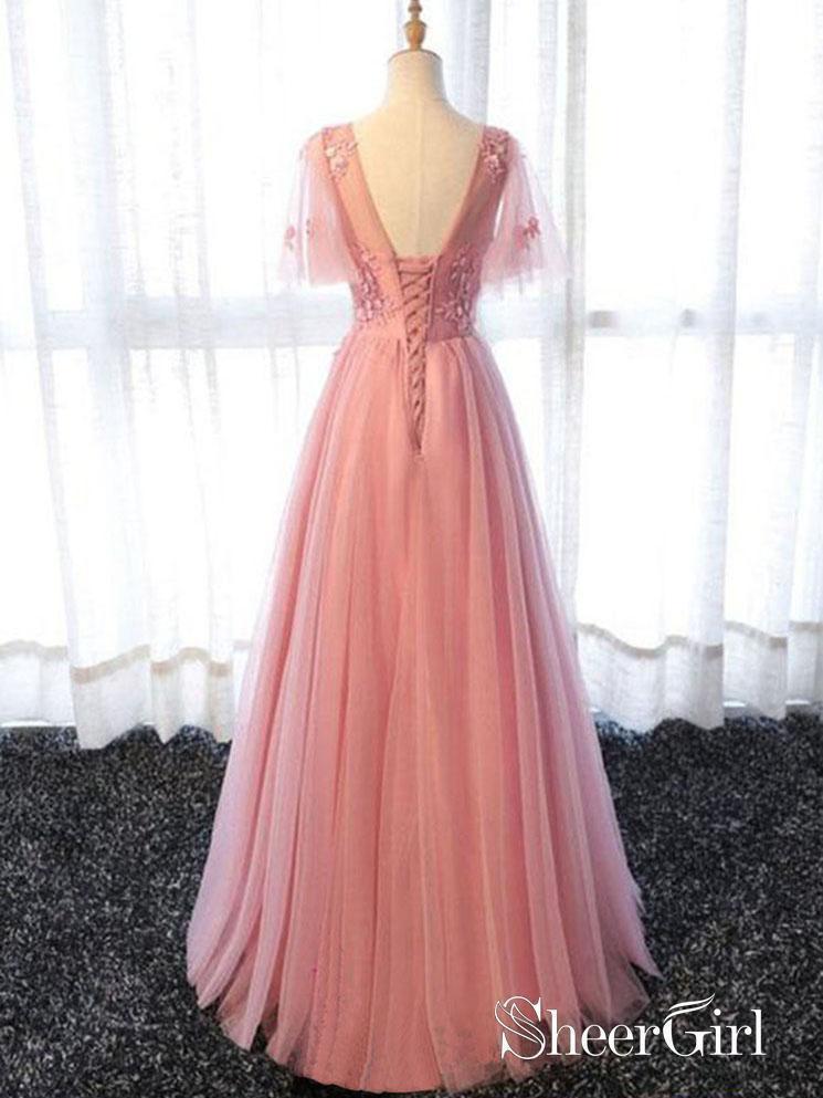 Short Sleeve Pink Flare Sleeve Prom Dresses Applique Backless Evening Ball Gowns ARD1048-SheerGirl