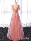 Short Sleeve Pink Flare Sleeve Prom Dresses Applique Backless Evening Ball Gowns ARD1048-SheerGirl
