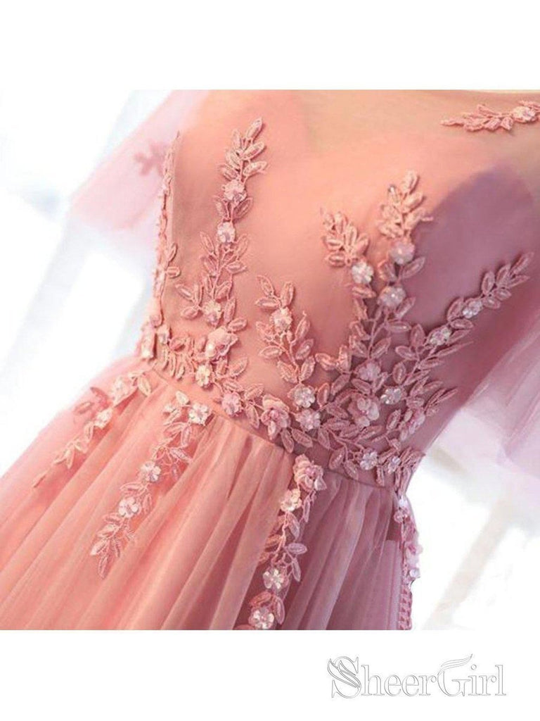 Short Sleeve Pink Flare Sleeve Prom Dresses Applique Backless Evening Ball Gowns ARD1048 Short Sleeve Pink Flare Sleeve Prom Dresses Applique Backless Evening Ball Gowns ARD1048
