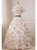 Short Sleeve V-Neck Floral Pink Appliqued Prom Dresses Evening Ball Gowns with Sash ARD1004-SheerGirl
