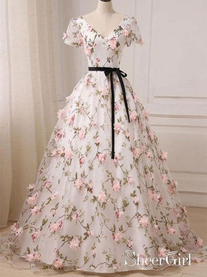 Short Sleeve V-Neck Floral Pink Appliqued Prom Dresses Evening Ball Gowns with Sash ARD1004-SheerGirl
